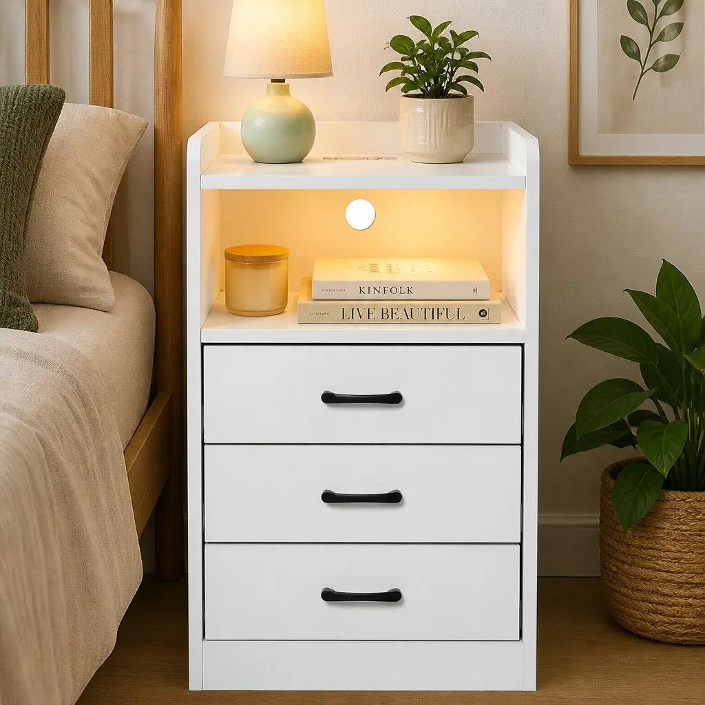 Bedside Table White LED Light USB Charger Outlet 3 Drawers Nightstand Bedroom