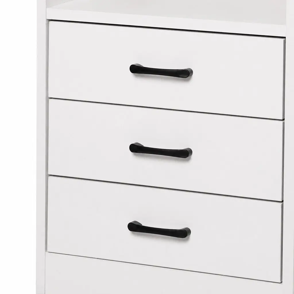 Bedside Table White LED Light USB Charger Outlet 3 Drawers Nightstand Bedroom