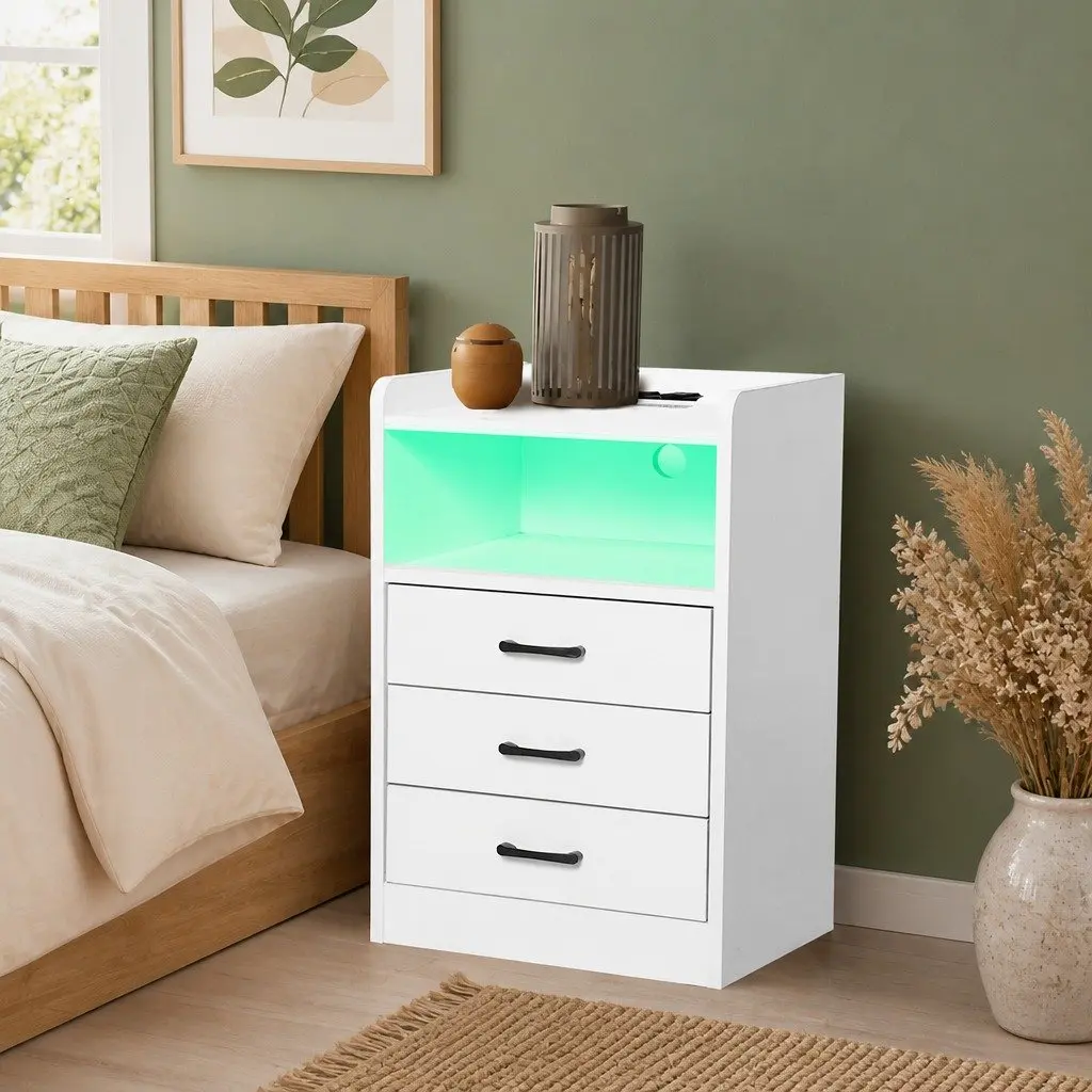 Bedside Table White LED Light USB Charger Outlet 3 Drawers Nightstand Bedroom