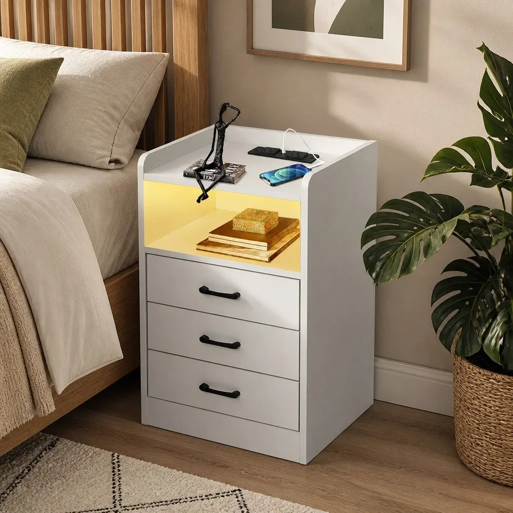 Bedside Table White LED Light USB Charger Outlet 3 Drawers Nightstand Bedroom