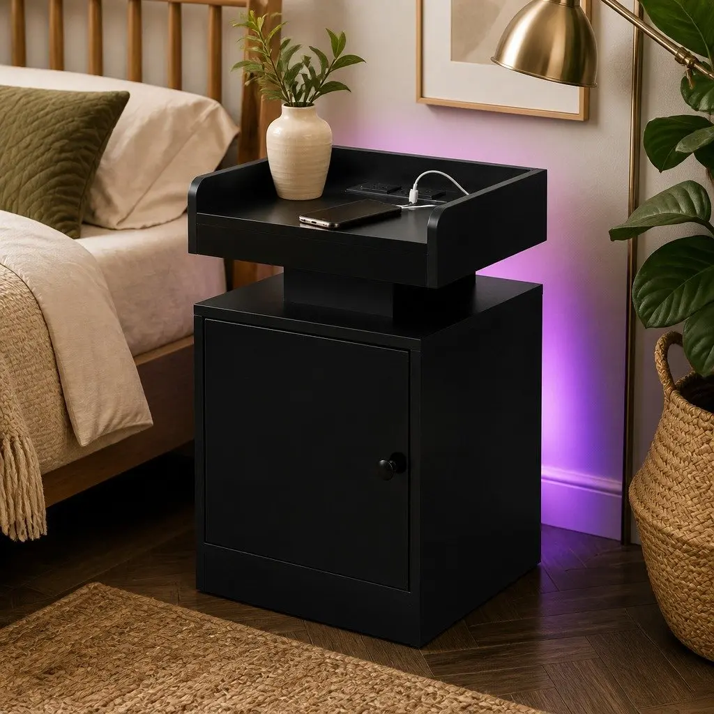 Black Bedside Table with USB Charger and LED Lighting