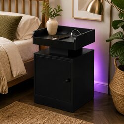 Black Bedside Table with USB Charger and LED Lighting