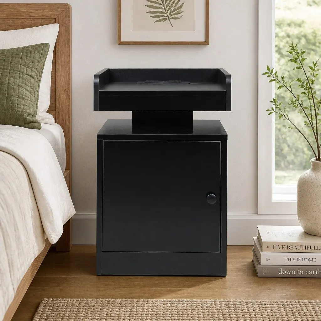 Black Bedside Table with USB Charger and LED Lighting