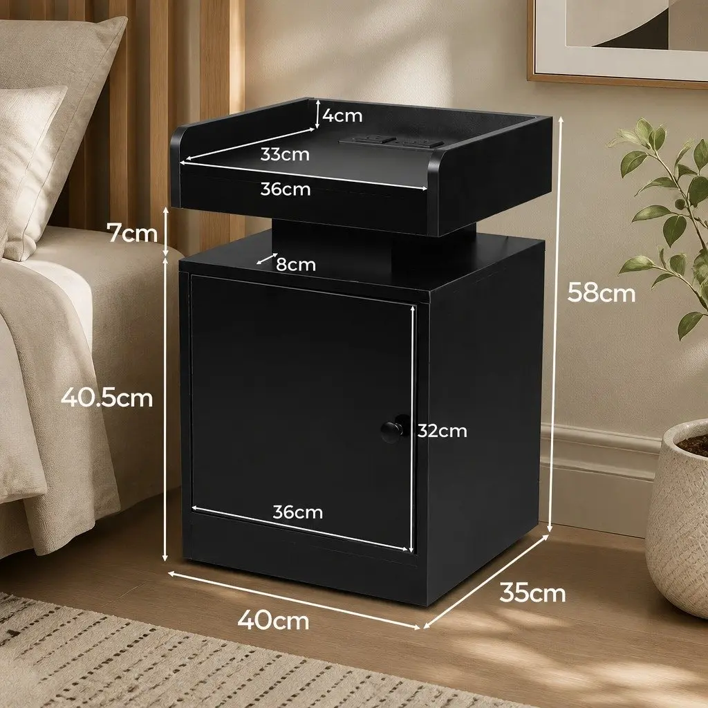 Black Bedside Table with USB Charger and LED Lighting