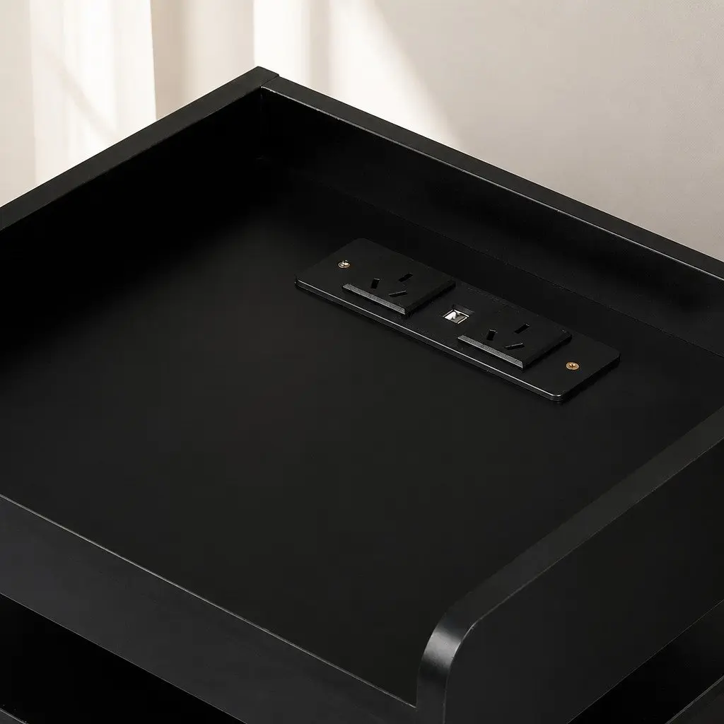 Black Bedside Table with USB Charger and LED Lighting