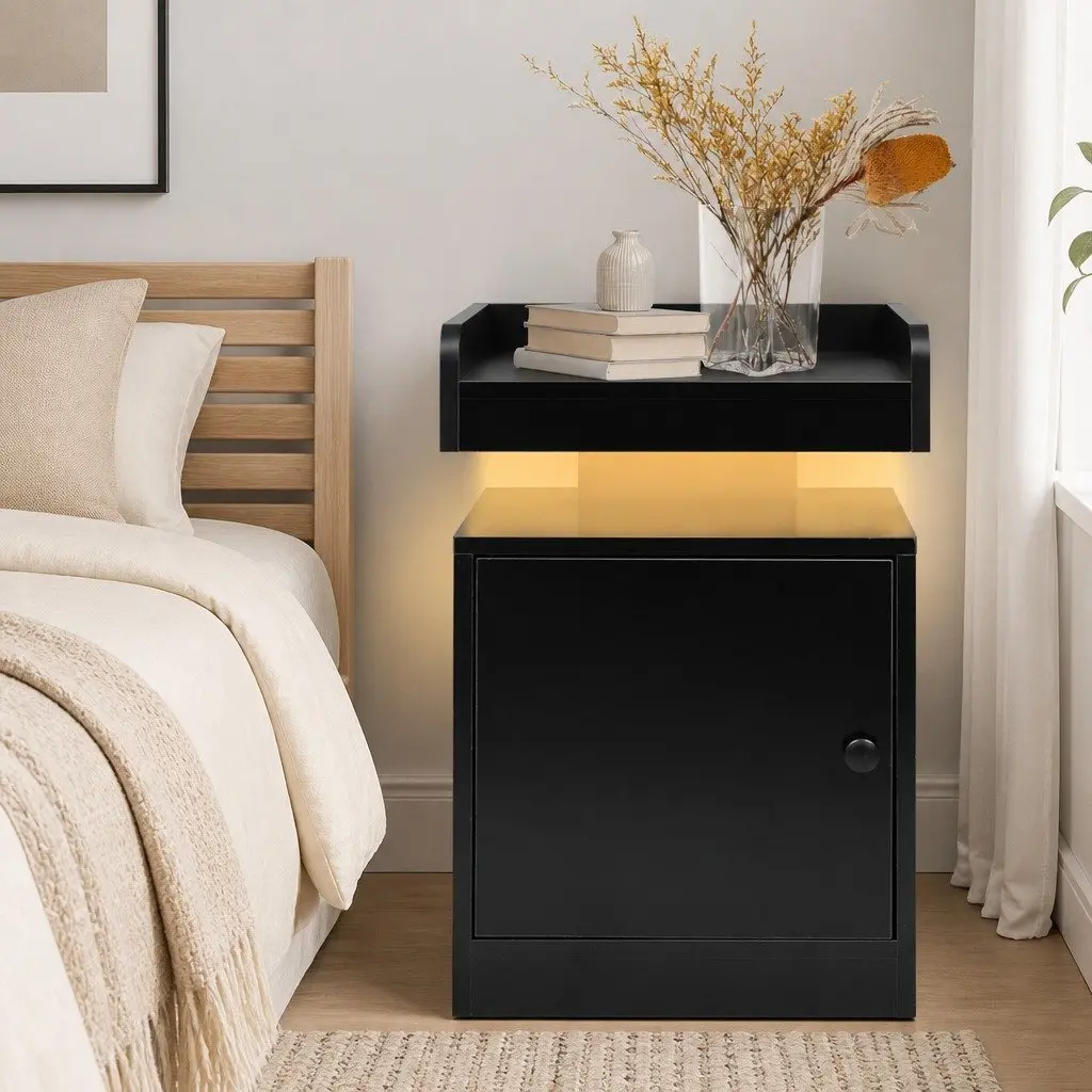 Black Bedside Table with USB Charger and LED Lighting