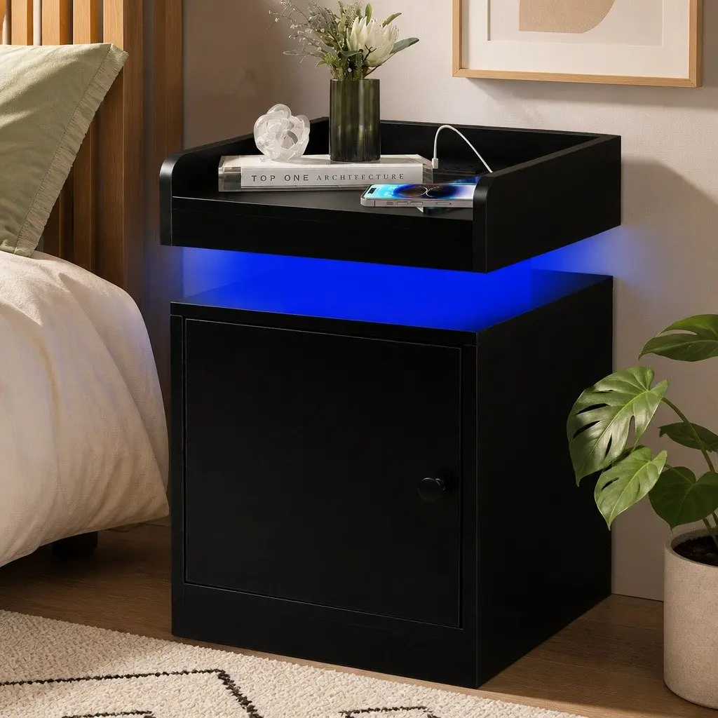 Black Bedside Table with USB Charger and LED Lighting