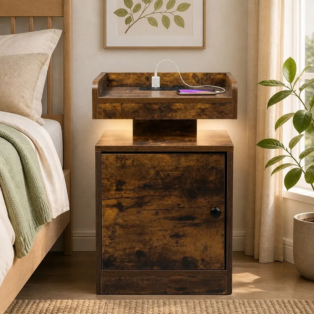 Oak Bedside Table with USB Charging and LED Lights