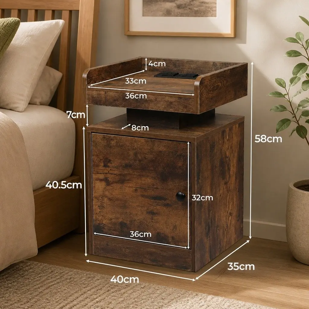 Oak Bedside Table with USB Charging and LED Lights