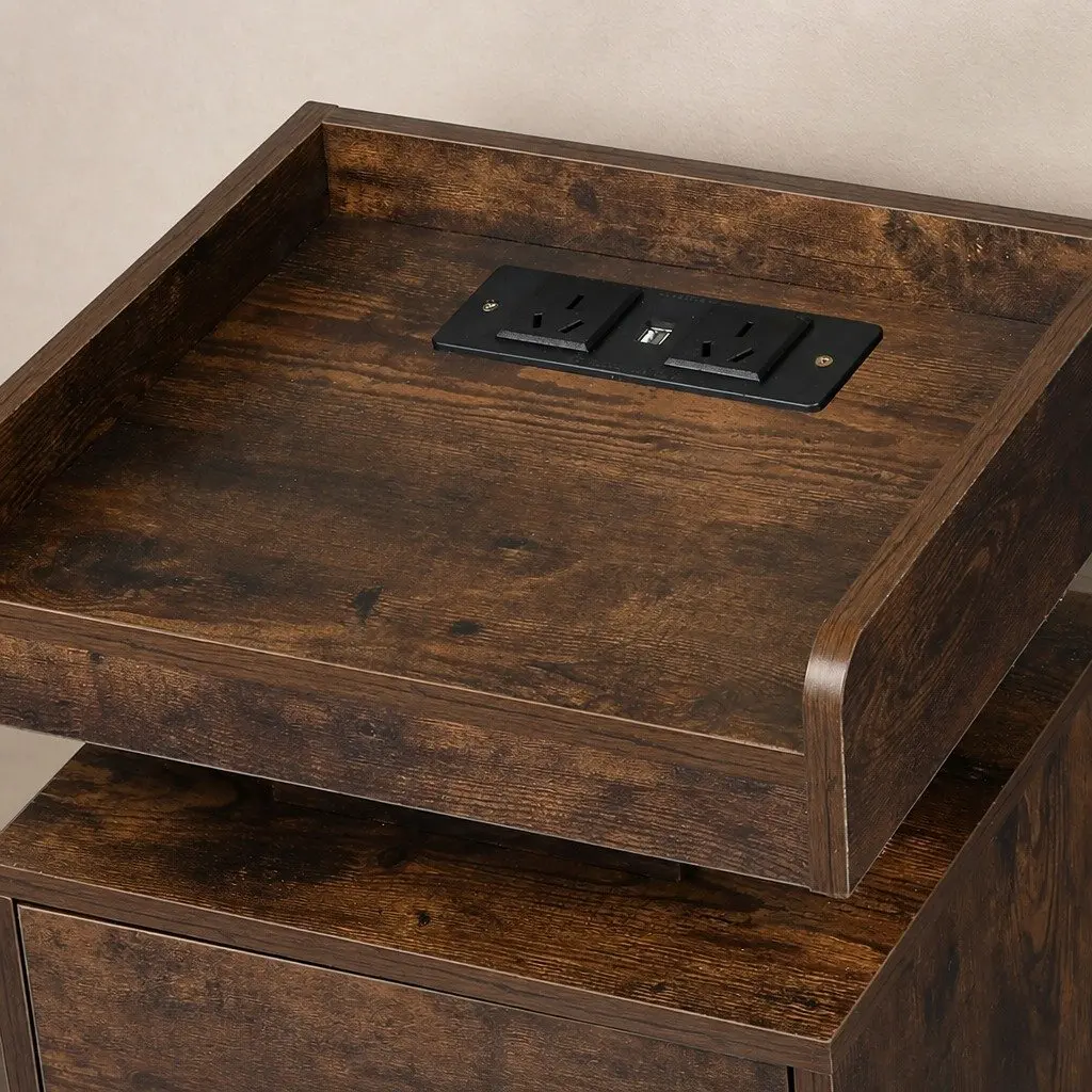 Oak Bedside Table with USB Charging and LED Lights