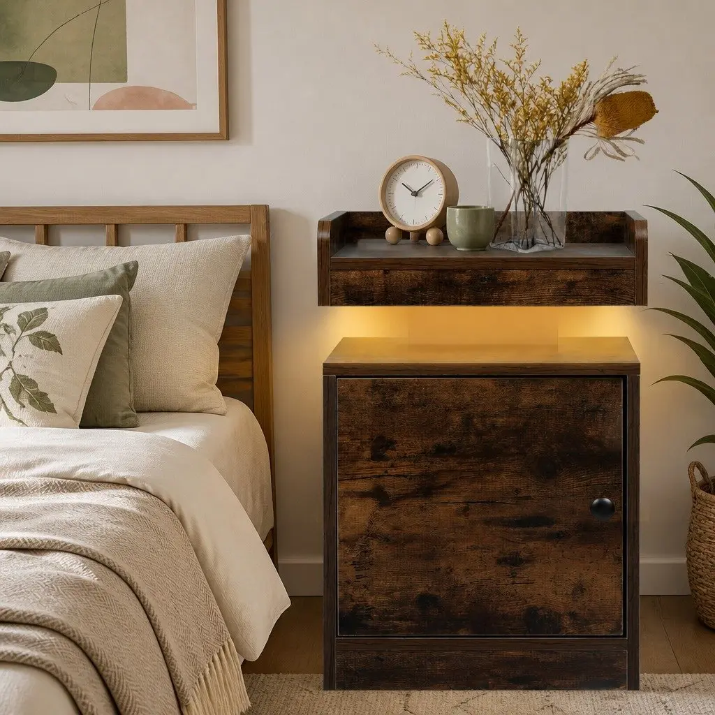 Oak Bedside Table with USB Charging and LED Lights