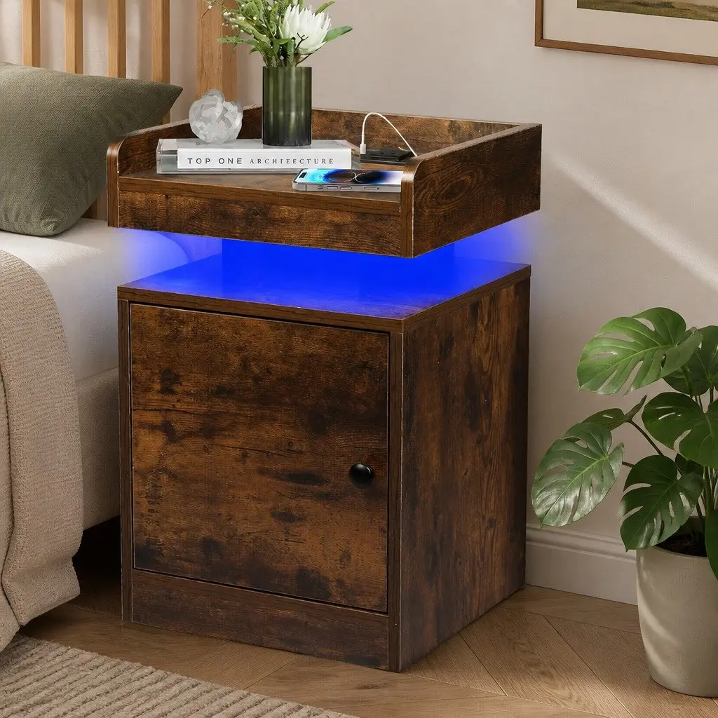 Oak Bedside Table with USB Charging and LED Lights