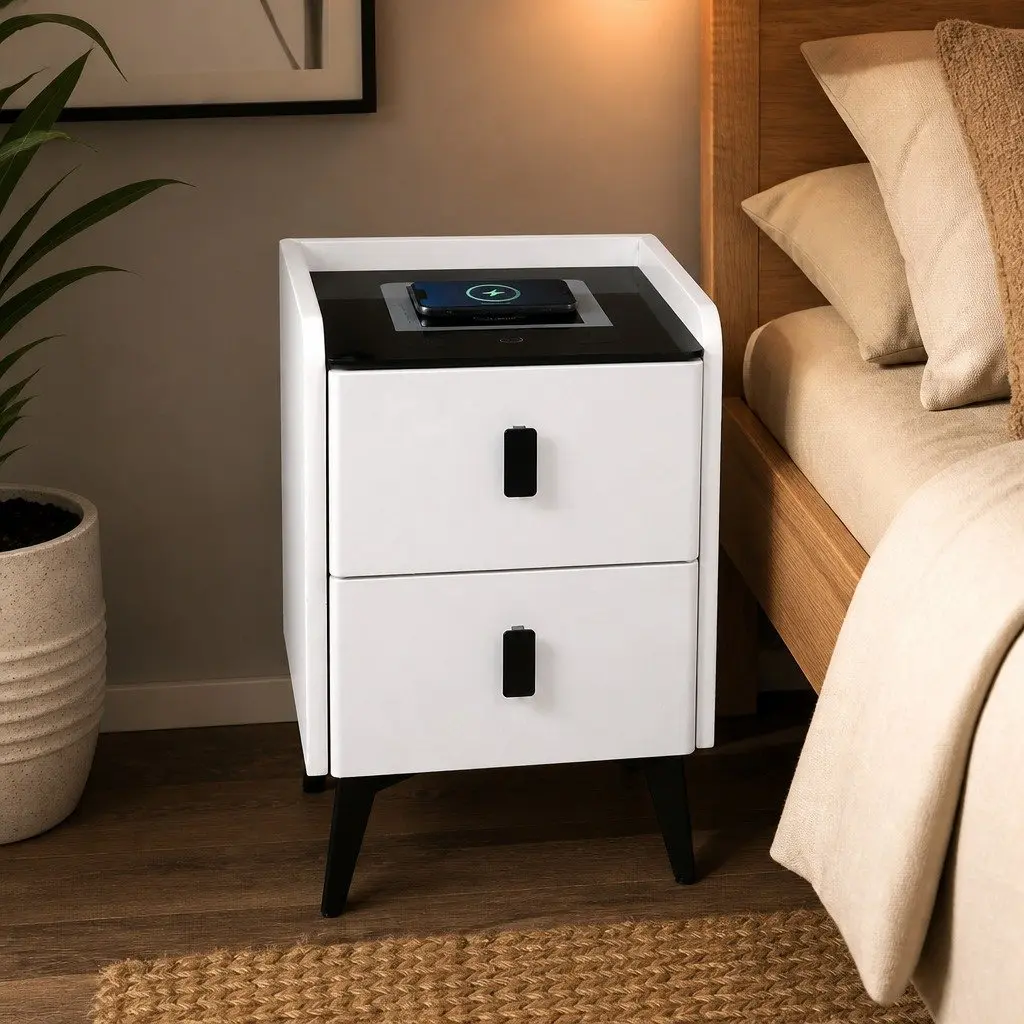 Bedside Table with LED Lights Wireless Charging USB Ports Drawers Storage