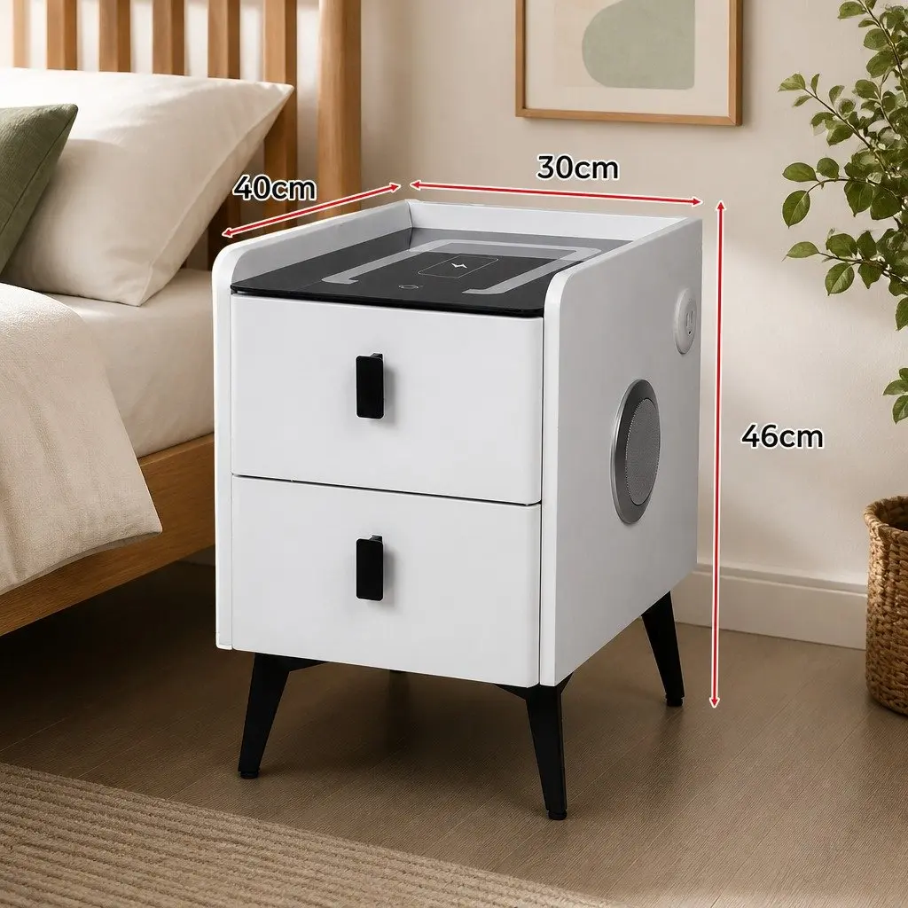 Bedside Table with LED Lights Wireless Charging USB Ports Drawers Storage