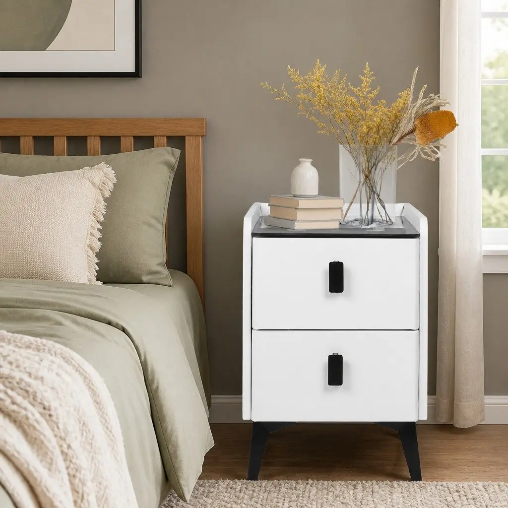 Bedside Table with LED Lights Wireless Charging USB Ports Drawers Storage