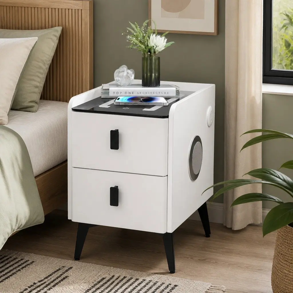 Bedside Table with LED Lights Wireless Charging USB Ports Drawers Storage