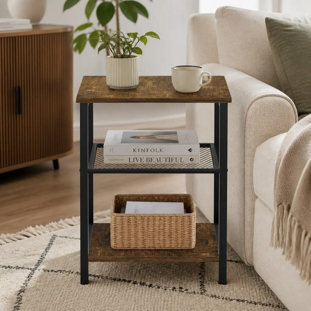 3-Tier Side Table Storage Shelves Compact Space-Saving Black Metal Frame MDF Brown and Black