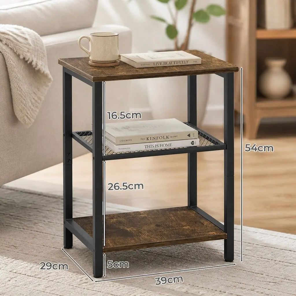 3-Tier Side Table Storage Shelves Compact Space-Saving Black Metal Frame MDF Brown and Black