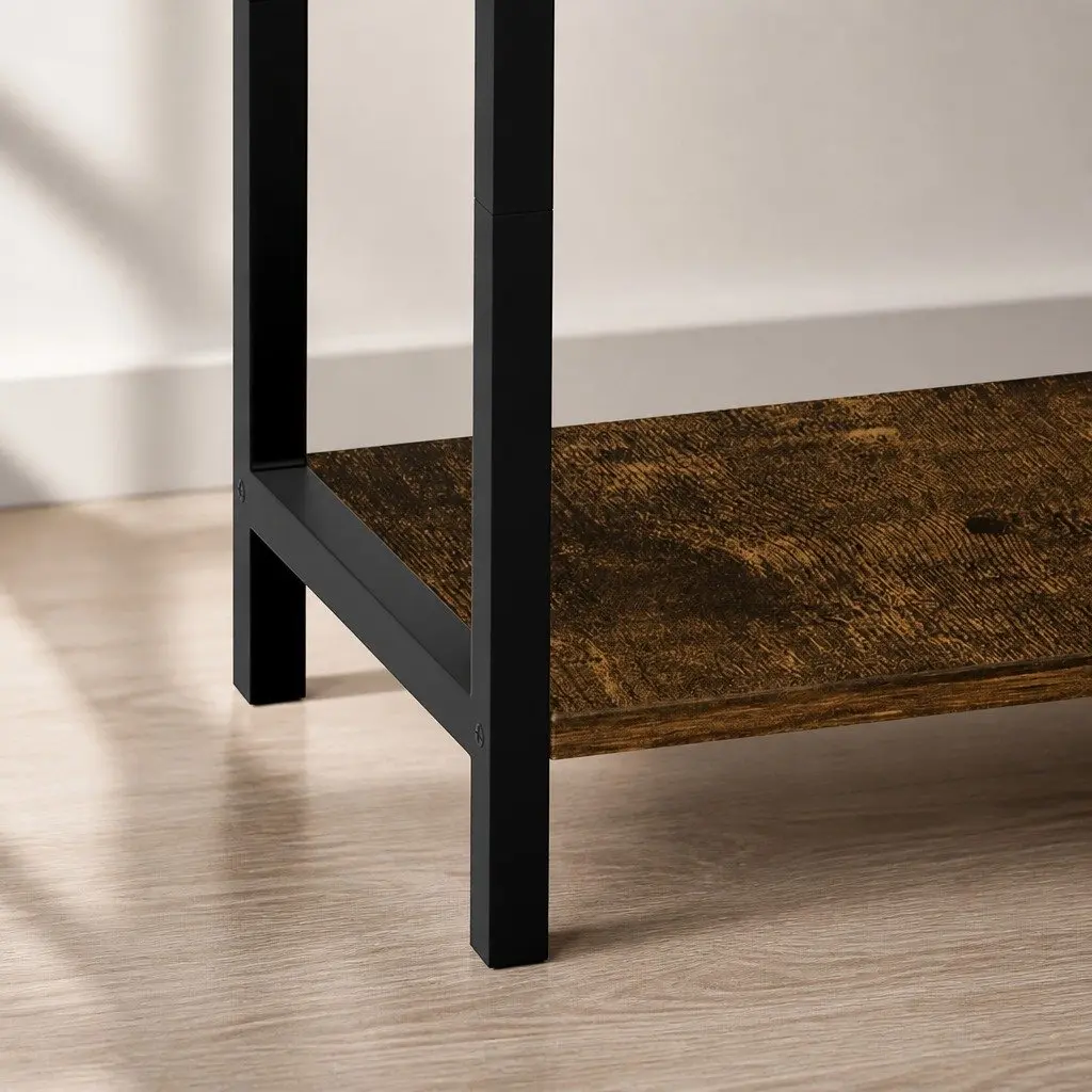 3-Tier Side Table Storage Shelves Compact Space-Saving Black Metal Frame MDF Brown and Black