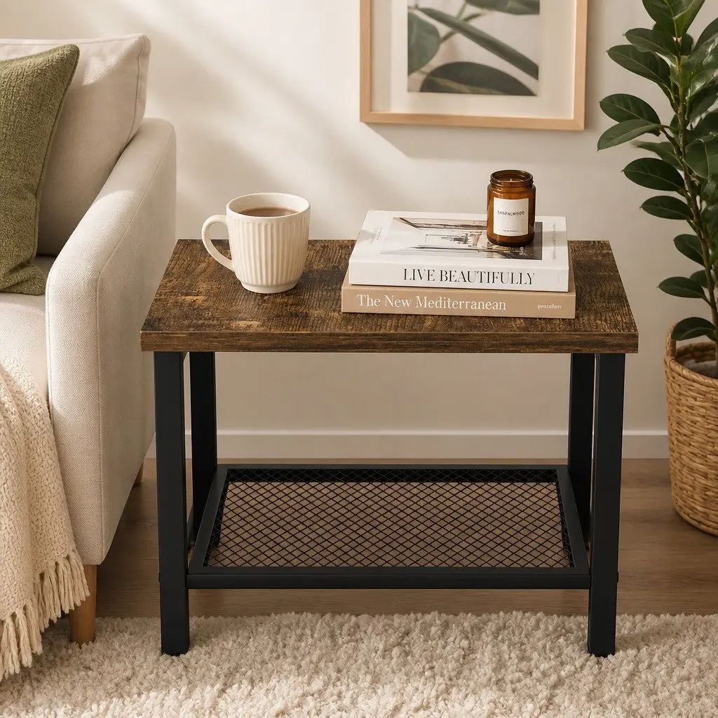 3-Tier Side Table Storage Shelves Compact Space-Saving Black Metal Frame MDF Brown and Black