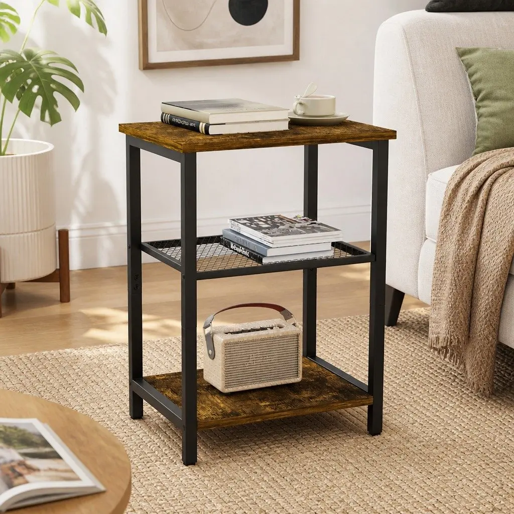 3-Tier Side Table Storage Shelves Compact Space-Saving Black Metal Frame MDF Brown and Black