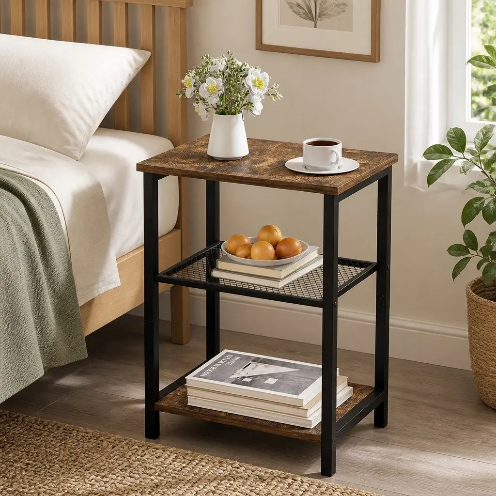 3-Tier Side Table Storage Shelves Compact Space-Saving Black Metal Frame MDF Brown and Black