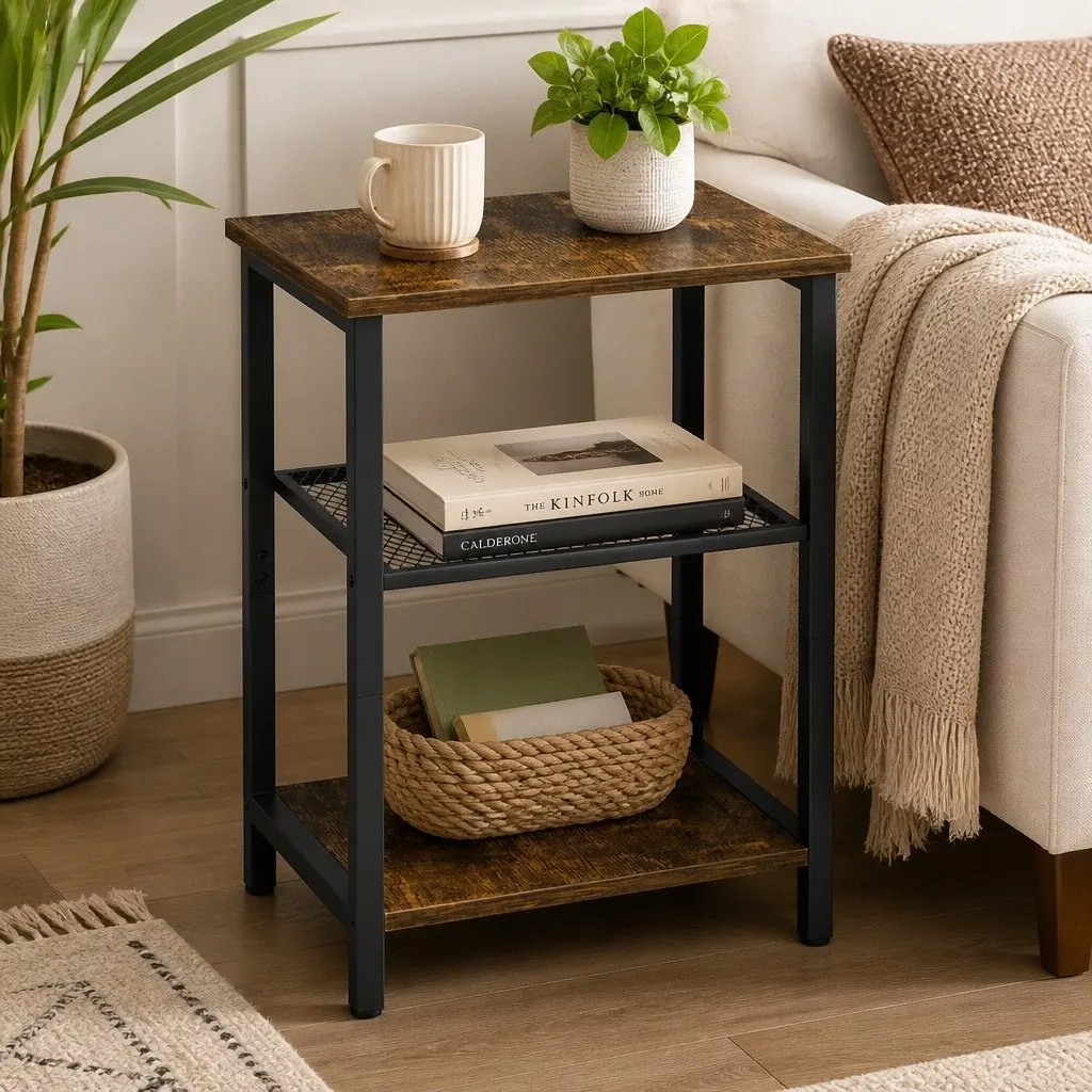 3-Tier Side Table Storage Shelves Compact Space-Saving Black Metal Frame MDF Brown and Black