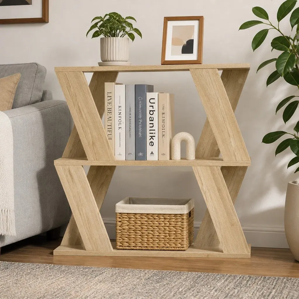 Slim Side Table Storage Compact Coffee Table Two-Tier Design Oak