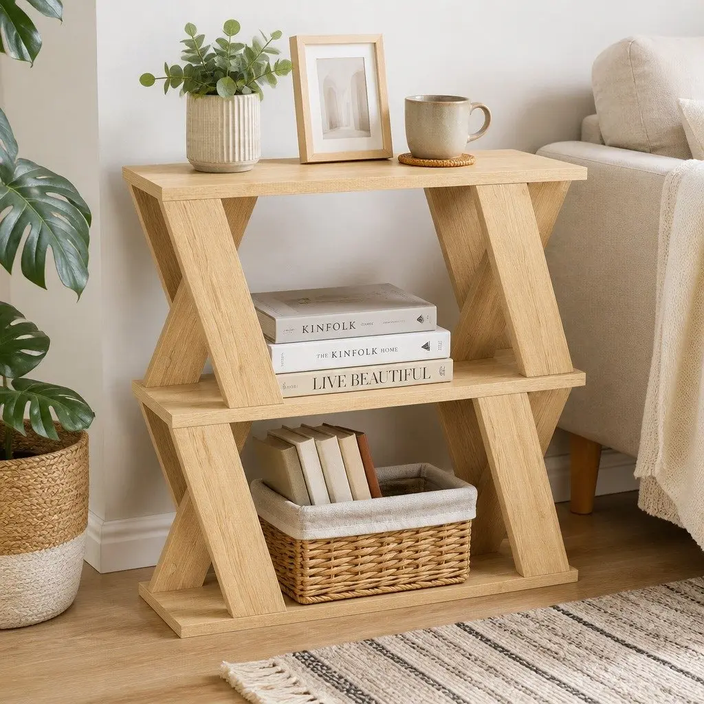 Slim Side Table Storage Compact Coffee Table Two-Tier Design Oak
