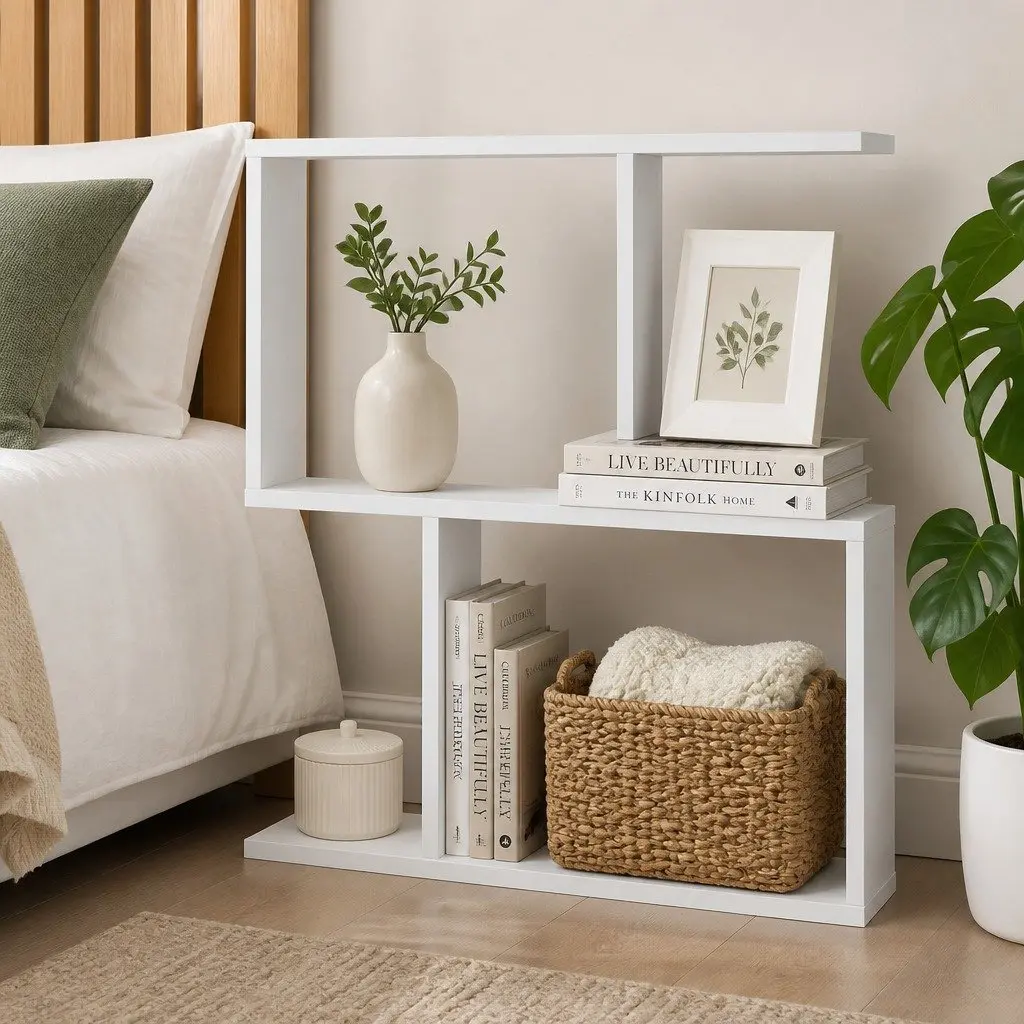 Slim 2 Tier Narrow Side Table Bedside Nightstand Storage Shelf Compact Modern