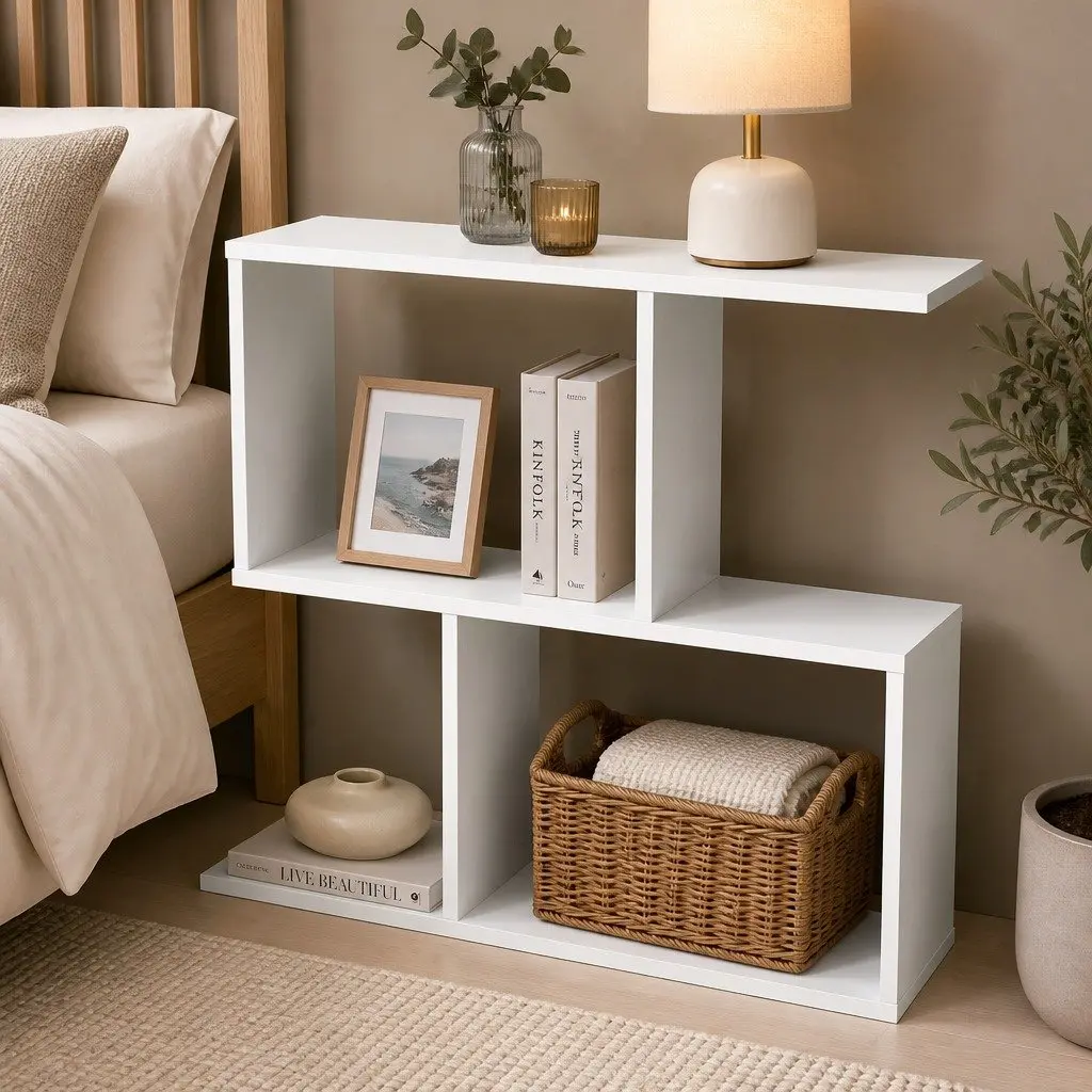 Slim 2 Tier Narrow Side Table Bedside Nightstand Storage Shelf Compact Modern