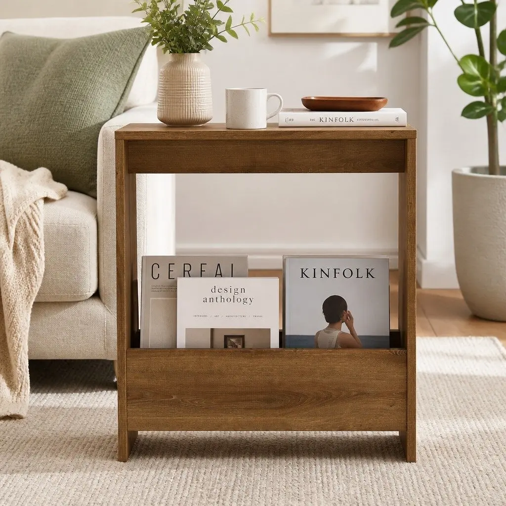 Side Table with Magazine Rack Small End Table Compact Storage Bedroom Living