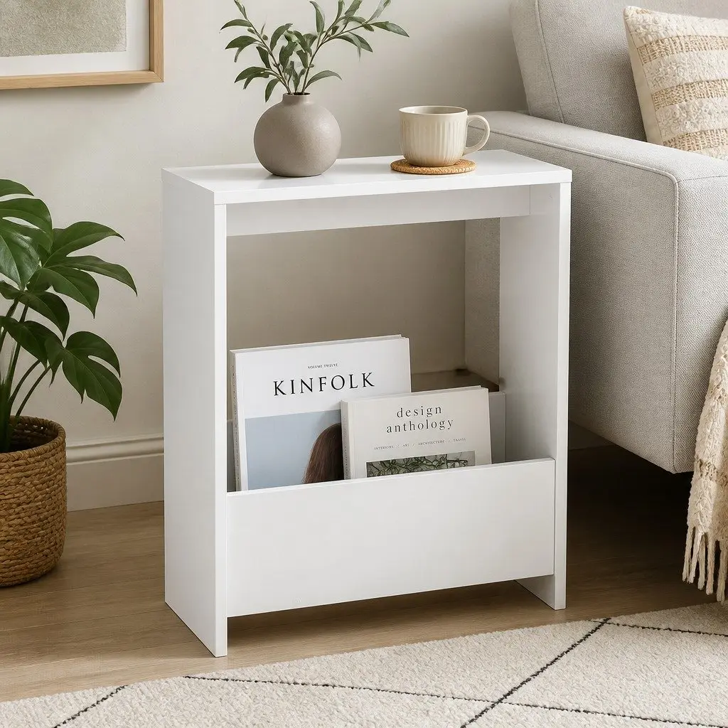 Compact Side Table with Magazine Rack Storage End Table Modern Living Room