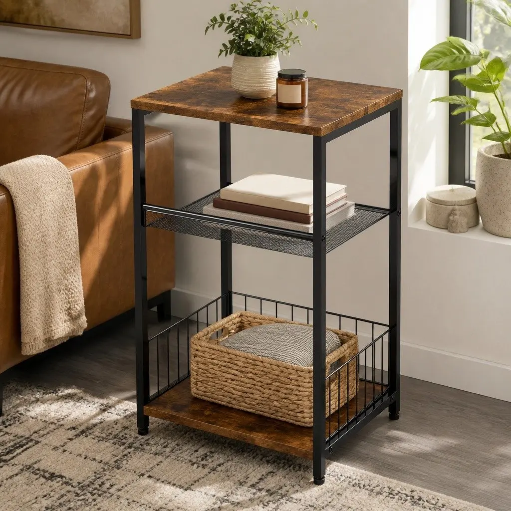 3-Tier Side Table with Vintage Brown Finish