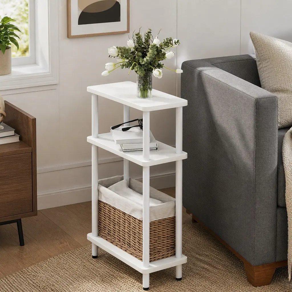 3-Tier Side Table Modern Storage Bedside Narrow Compact White Minimalist Design