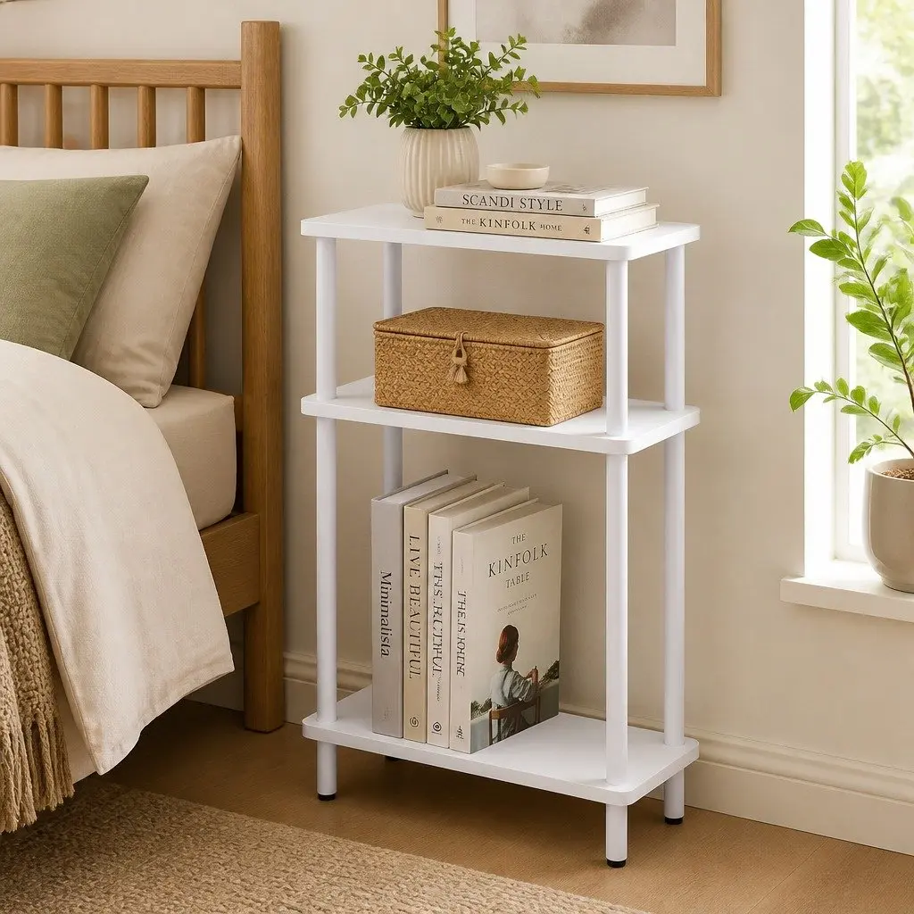 3-Tier Side Table Modern Storage Bedside Narrow Compact White Minimalist Design