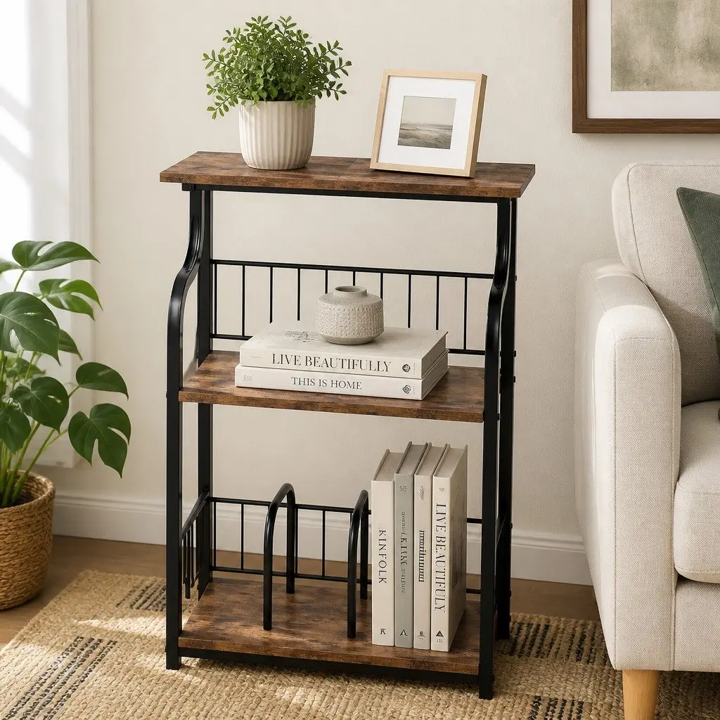 Side Table Vintage Brown 3-Tier Storage Shelf Metal Frame Engineered Wood