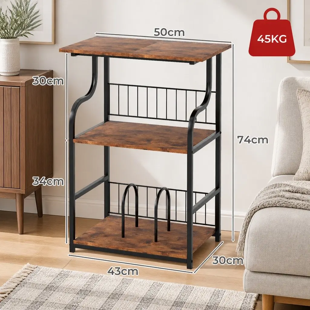 Side Table Vintage Brown 3-Tier Storage Shelf Metal Frame Engineered Wood