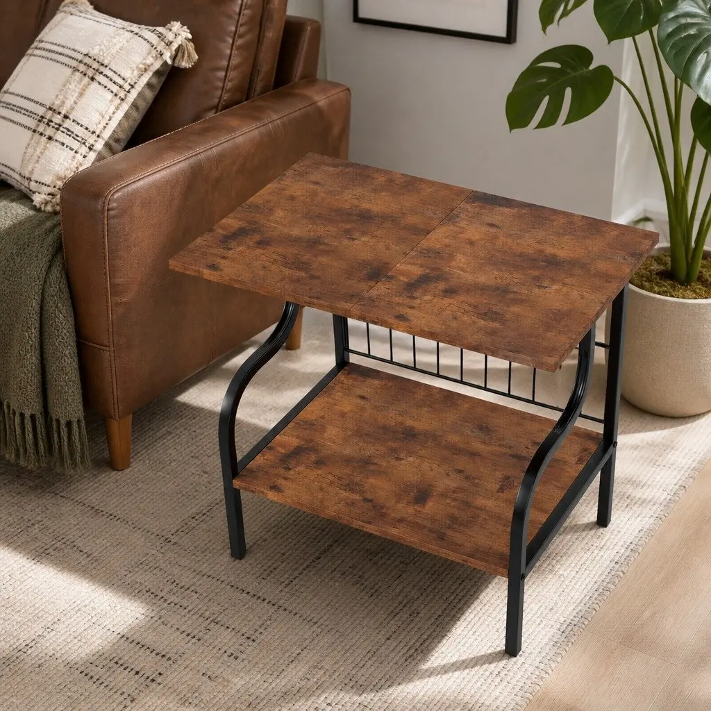 Side Table Vintage Brown 3-Tier Storage Shelf Metal Frame Engineered Wood