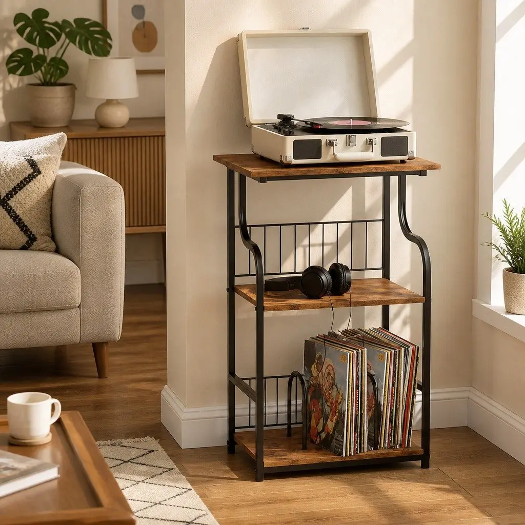 Side Table Vintage Brown 3-Tier Storage Shelf Metal Frame Engineered Wood