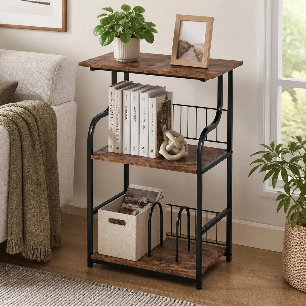 Side Table Vintage Brown 3-Tier Storage Shelf Metal Frame Engineered Wood