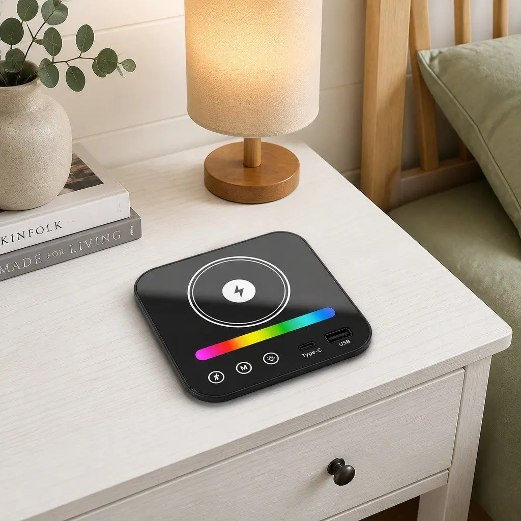 Bedside Table with RGB Lighting and Charging