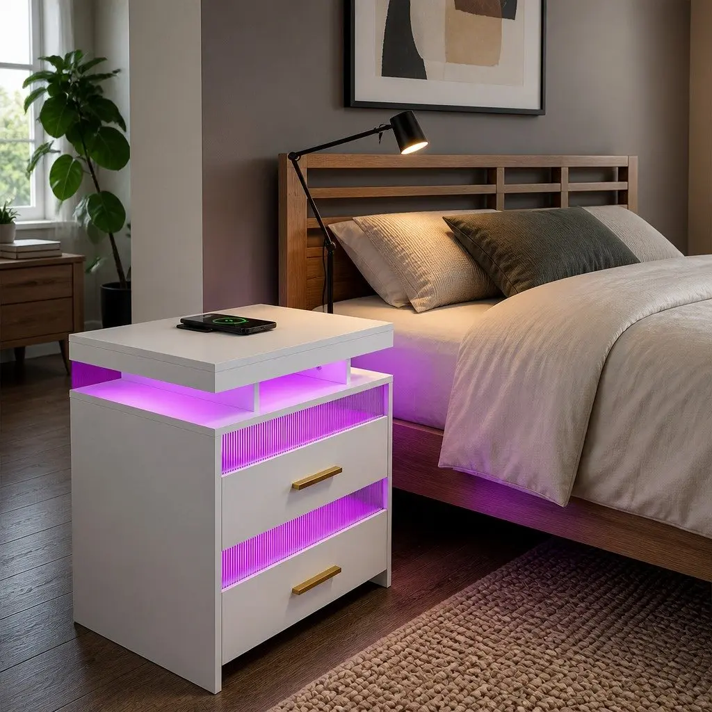 Bedside Table with RGB Lighting and Charging