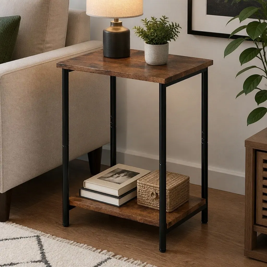 2-Tier Industrial Side Table Storage Shelf Nightstand End Table Compact