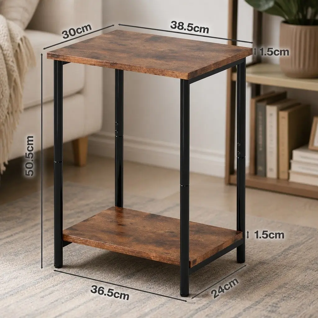 2-Tier Industrial Side Table Storage Shelf Nightstand End Table Compact