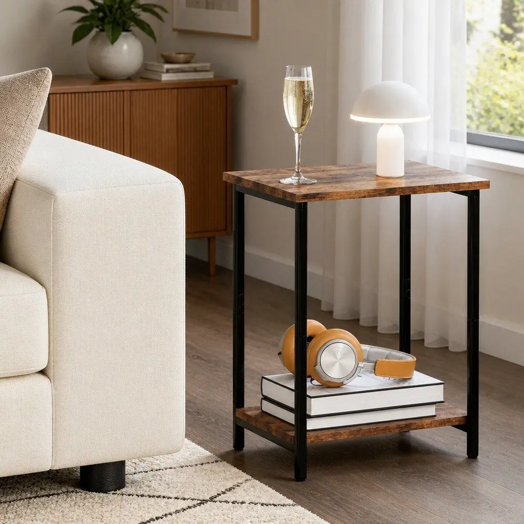 2-Tier Industrial Side Table Storage Shelf Nightstand End Table Compact