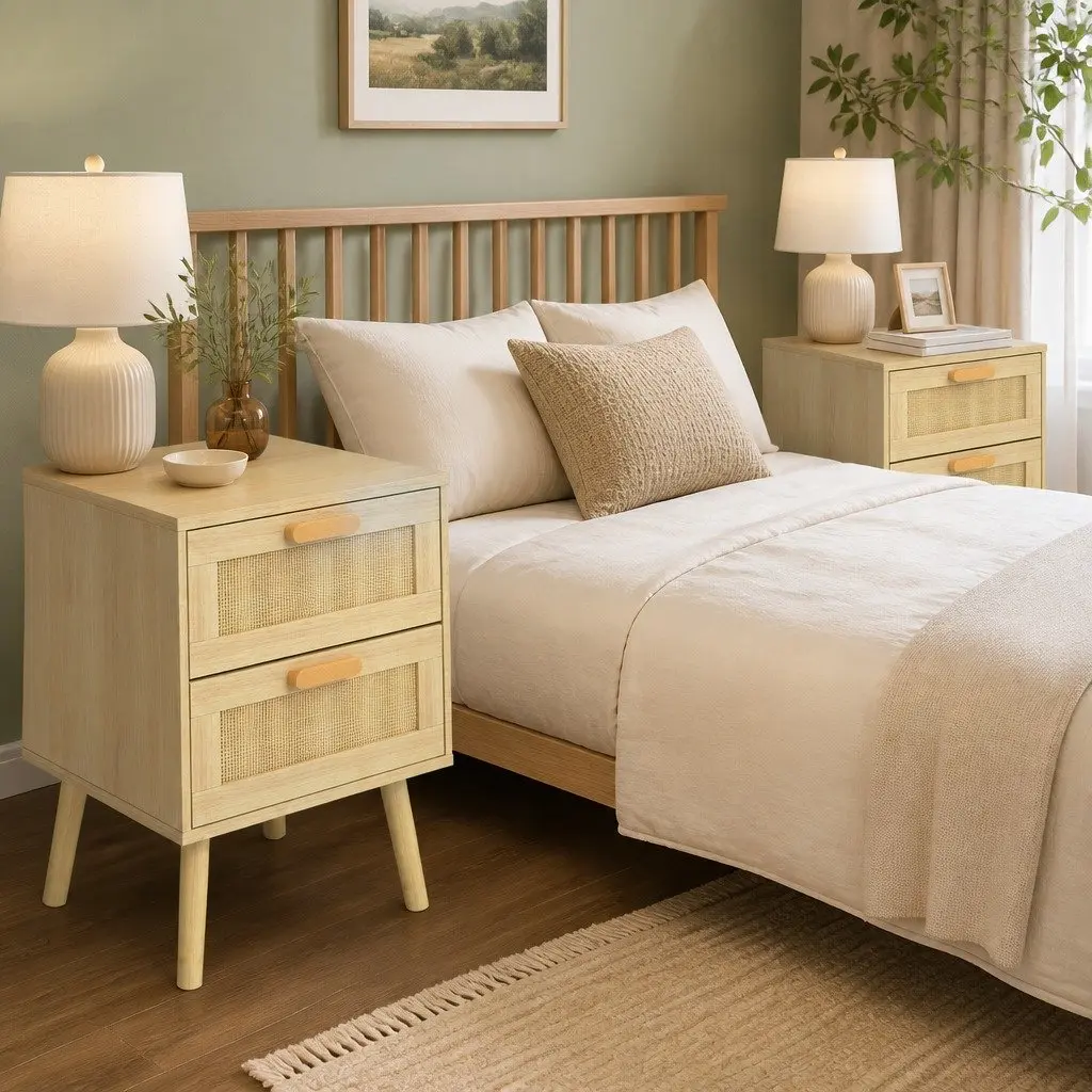 Bedside Tables Set of 2 Wooden Nightstand Rattan Drawers 40cm x 40cm x 56cm E1 Particle Board Natural Bamboo
