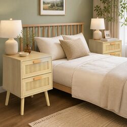 Set of 2 Wooden Nightstand Tables with Rattan Drawers