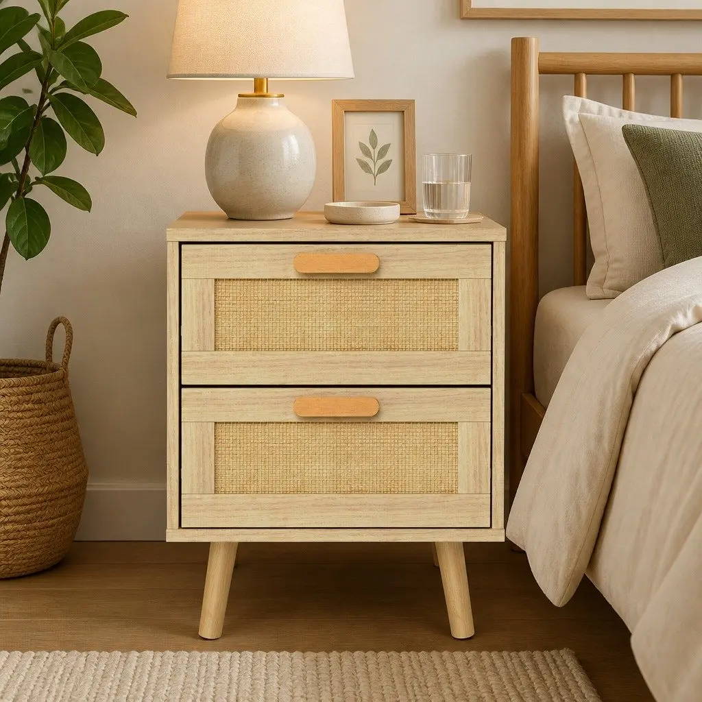 Bedside Tables Set of 2 Wooden Nightstand Rattan Drawers 40cm x 40cm x 56cm E1 Particle Board Natural Bamboo