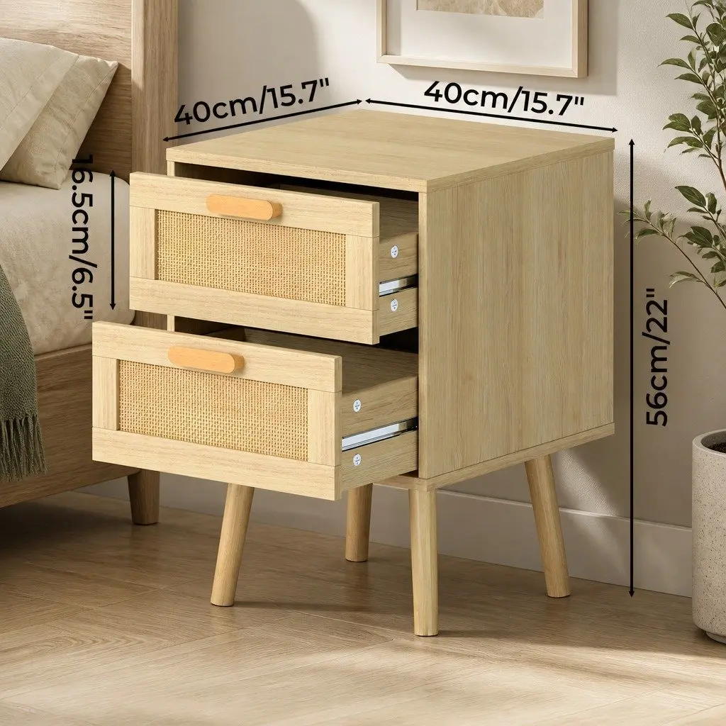 Bedside Tables Set of 2 Wooden Nightstand Rattan Drawers 40cm x 40cm x 56cm E1 Particle Board Natural Bamboo